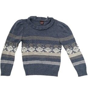Vintage Cottagecore Puff Sleeve Wool Blend Fair Isle Ruffle Neck Blue Sweater S